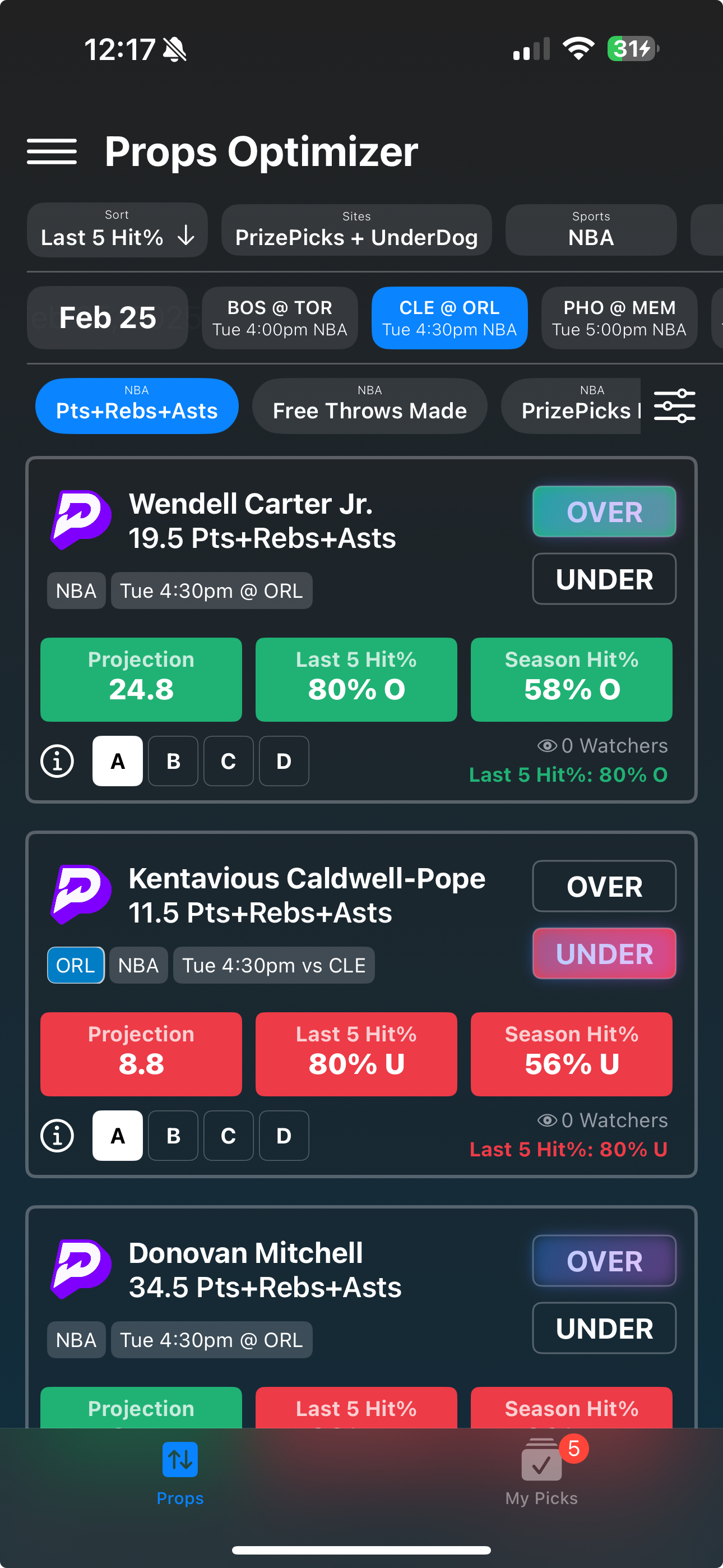 Props Optimizer PrizePicks analysis interface
